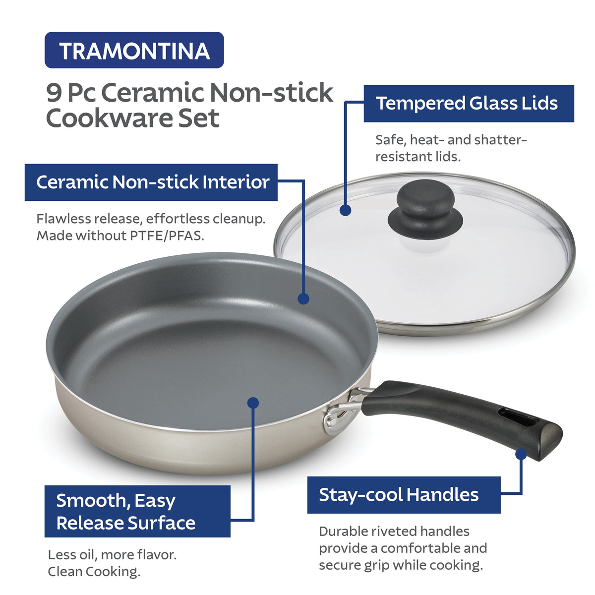Tramontina 9 pc ceramic non-stick cookware set with features highlighted on a white background.