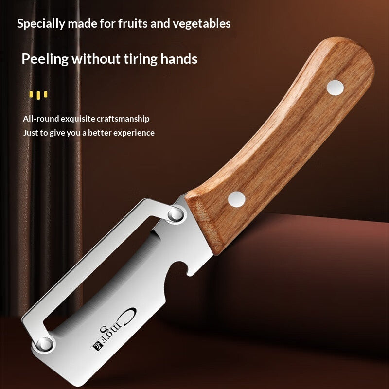Wooden peeler with metal blade on a brown background