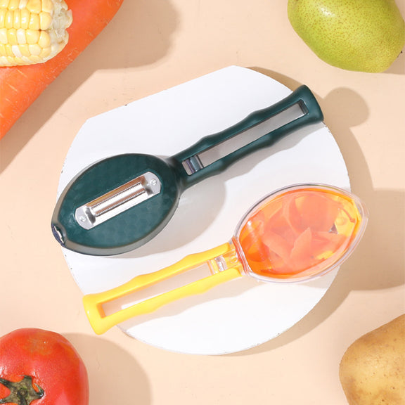 Multifunctional kitchen tool with peeler and fruit corer on a beige background with fruits and vegetables.