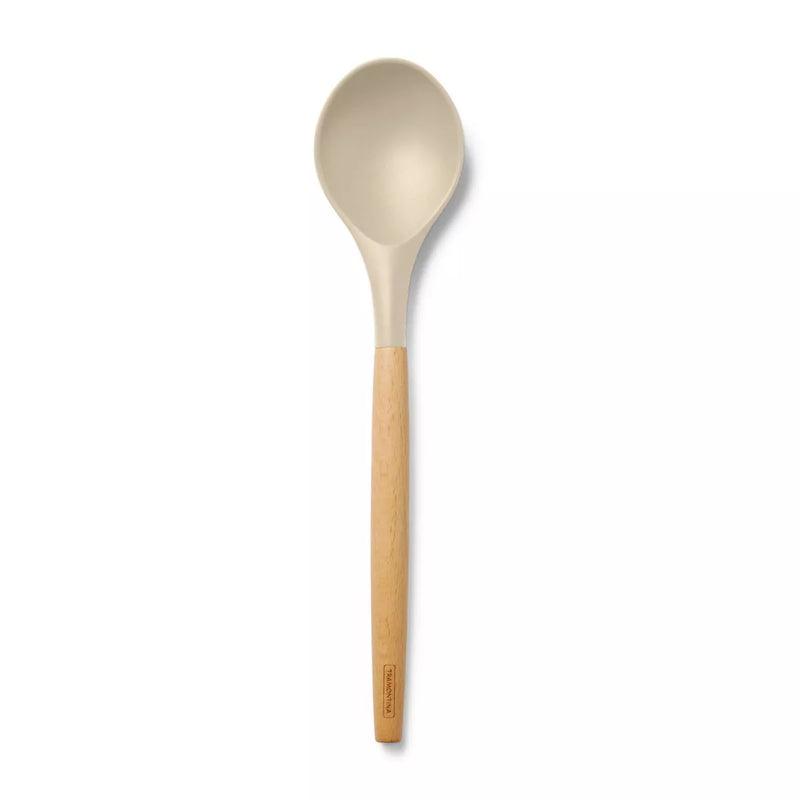 Wooden spoon with a beige handle on a white background