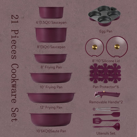 Carote 21 Piece Pots and Pans Set, Nonstick Cookware Set Detachable Handle, Ultra Violet