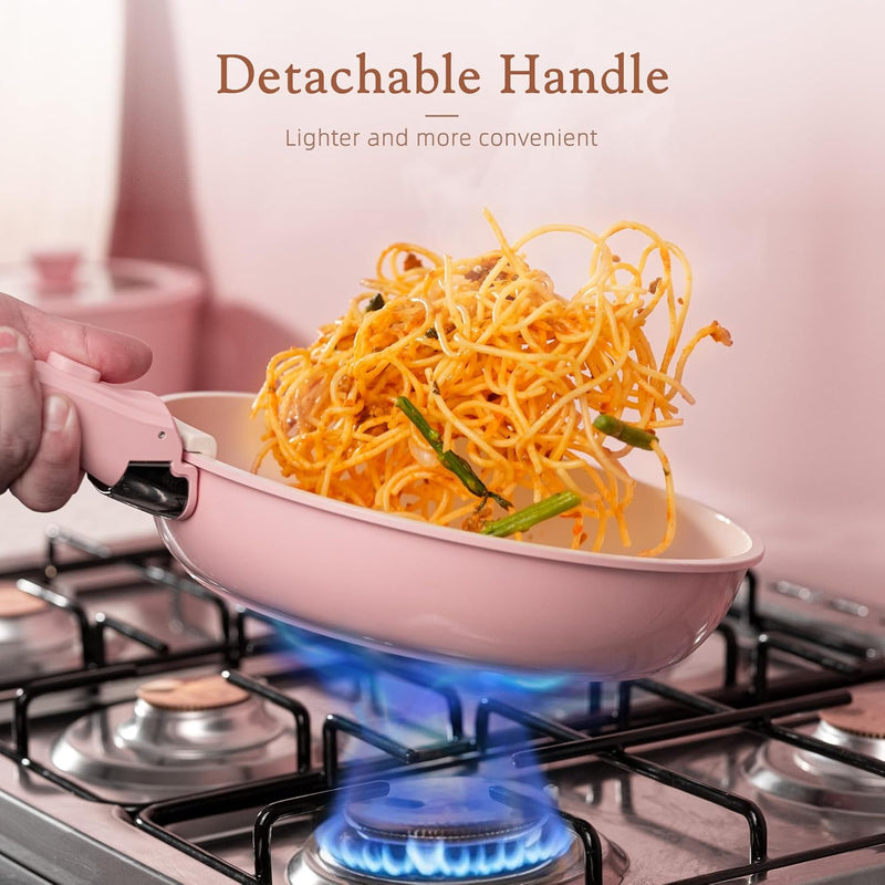 Astercook 21-Piece Non Stick Ceramic Pots and Pans Cookware Set with Detachable Handles in Pink