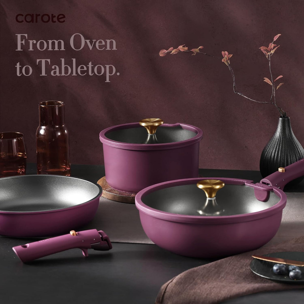 Carote 21 Piece Pots and Pans Set, Nonstick Cookware Set Detachable Handle, Ultra Violet