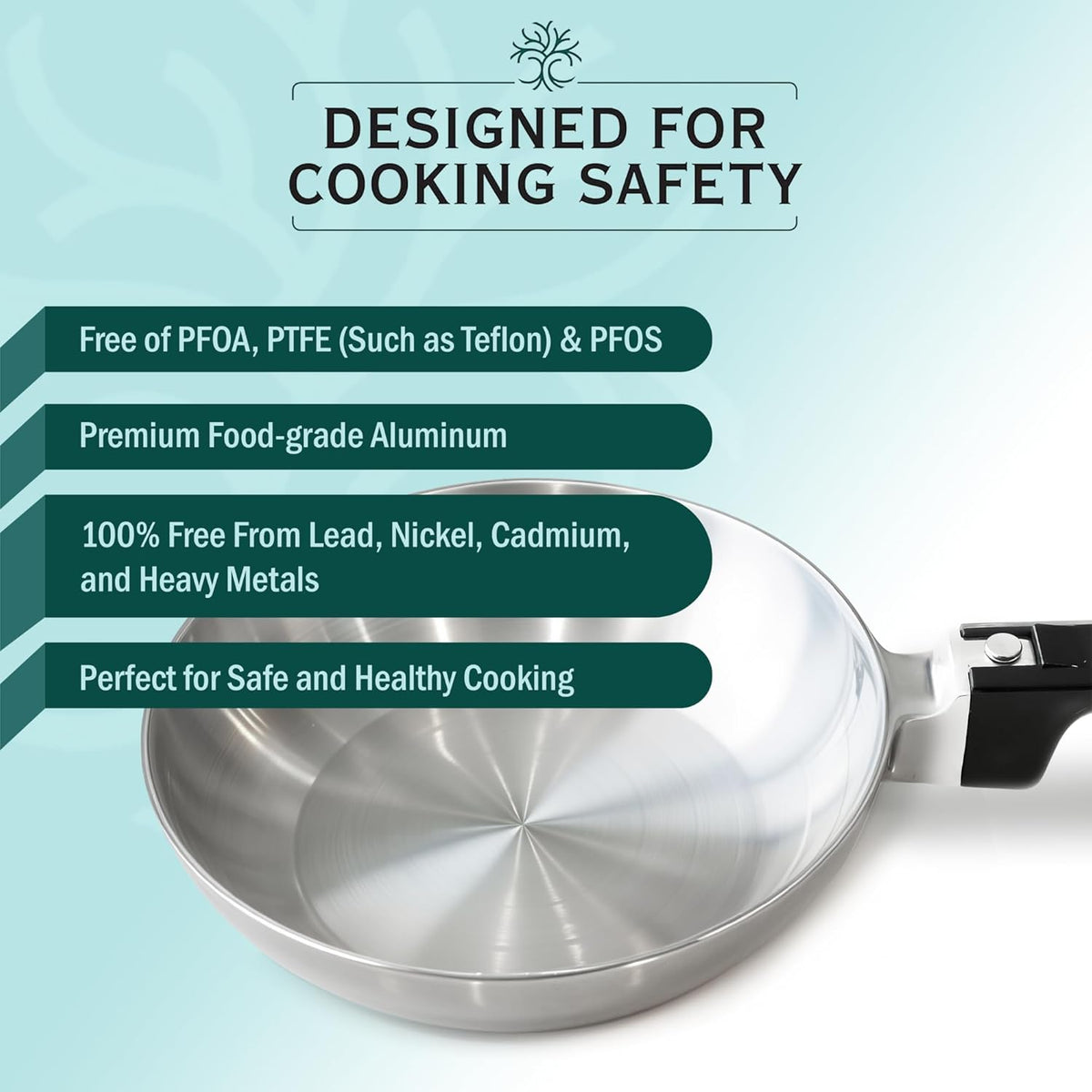 Stainless steel frying pan with safety features text on a light blue background