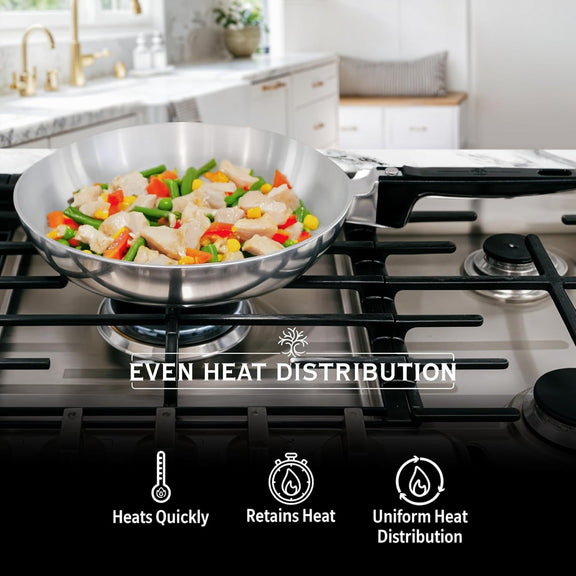 Stainless steel wok with stir-fry on a gas stove, emphasizing even heat distribution.