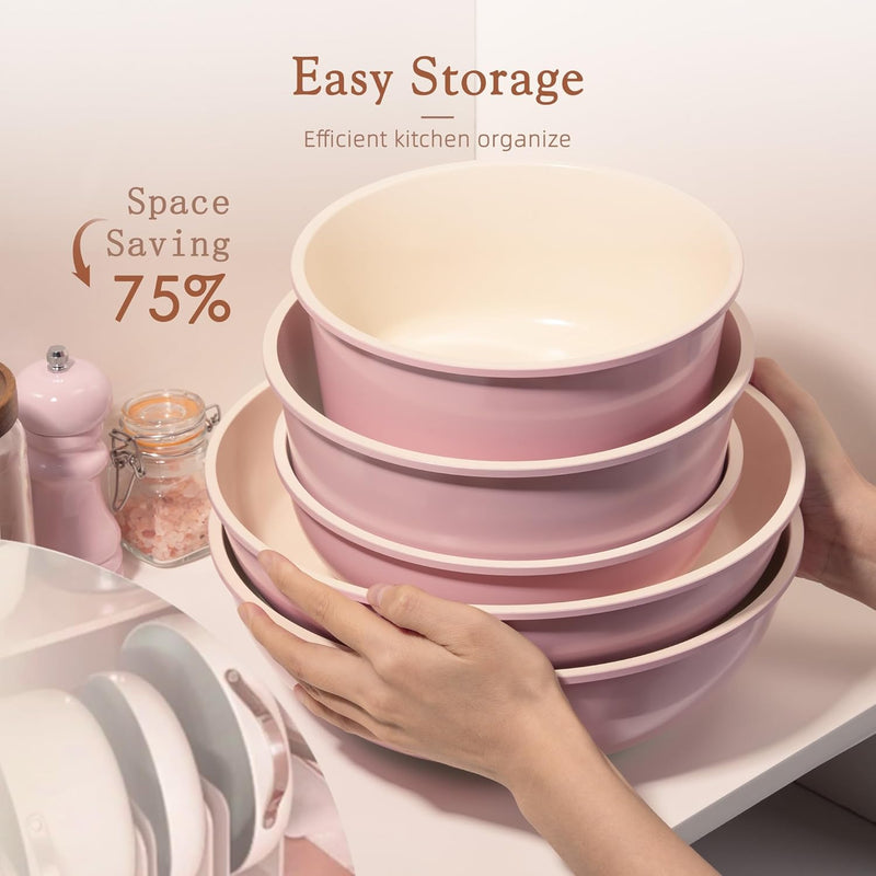 Astercook 21-Piece Non Stick Ceramic Pots and Pans Cookware Set with Detachable Handles in Pink