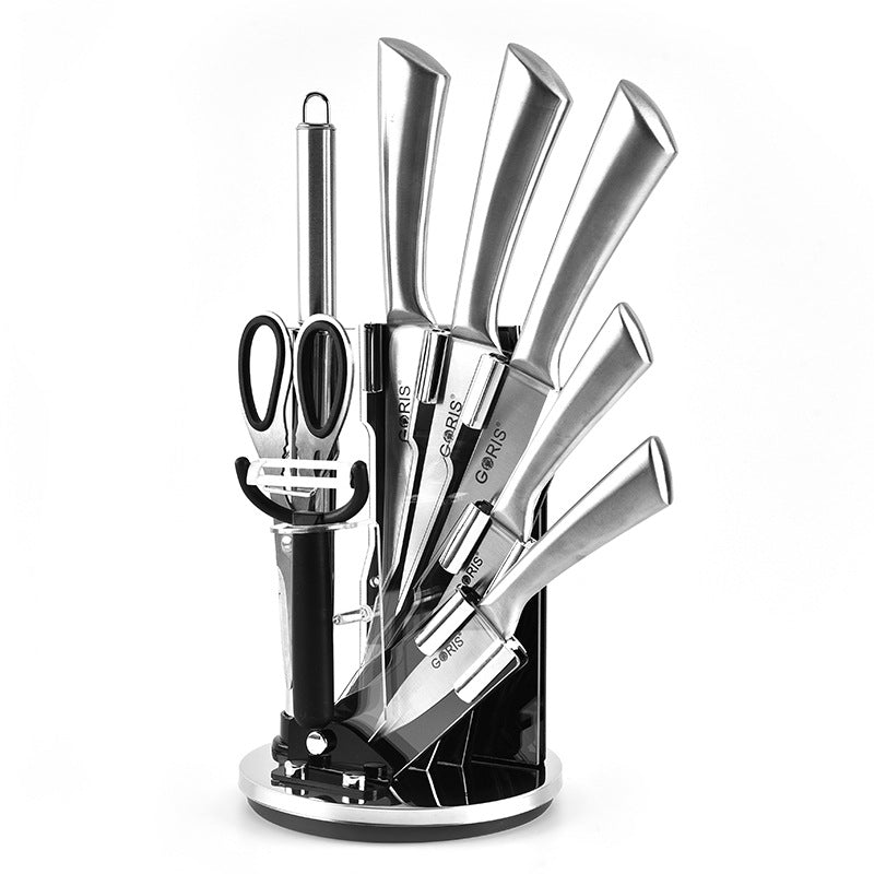 Set of knives and scissors on a black stand with 'Cuisinart' branding on a white background