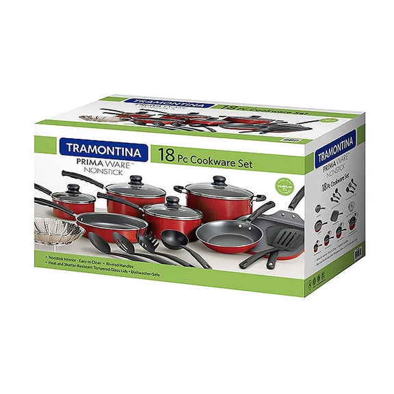 Box of 18 piece cookware set on white background.
