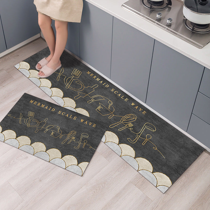 Two decorative mats with 'Mermaid Scale Wave' design on a kitchen floor.