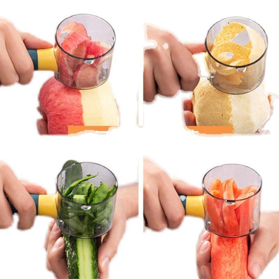 Multifunctional kitchen tool being used to slice various vegetables and fruits.