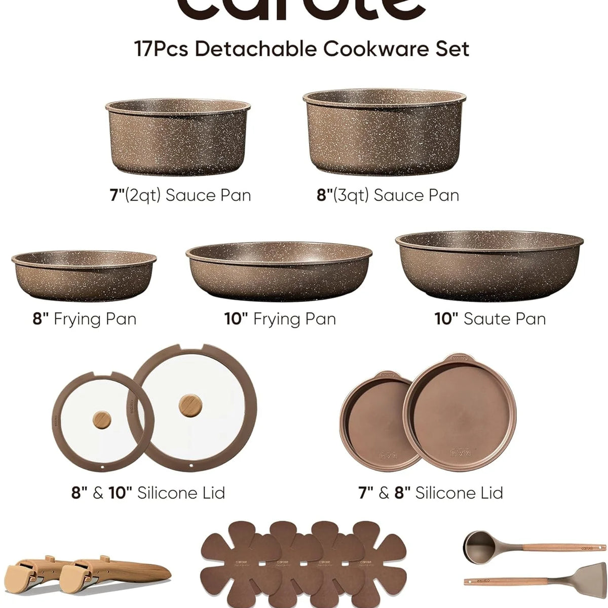17-piece detachable cookware set with various pots, pans, and lids on a white background, featuring the brand 'carote'.