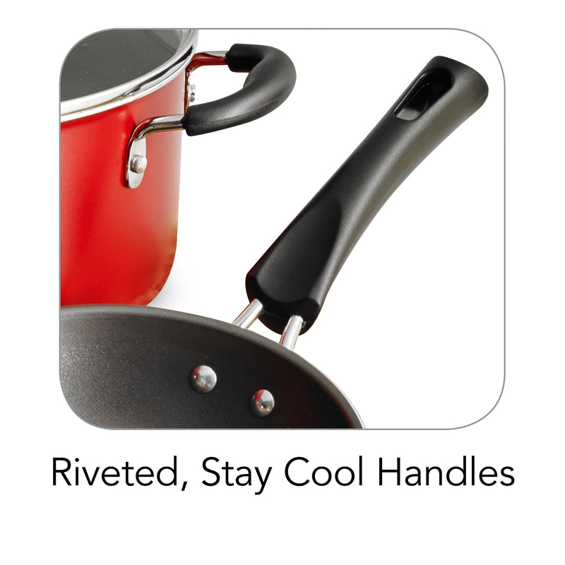 Red pot with black handles on a white background