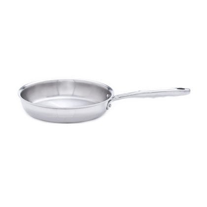 Stainless steel frying pan on a white background