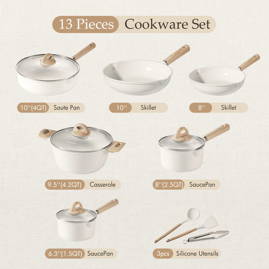 13-piece cookware set with various pots and pans on a light background