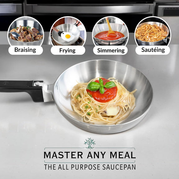 Stainless steel saucepan with spaghetti and tomato on a kitchen counter, surrounded by icons for different cooking methods.