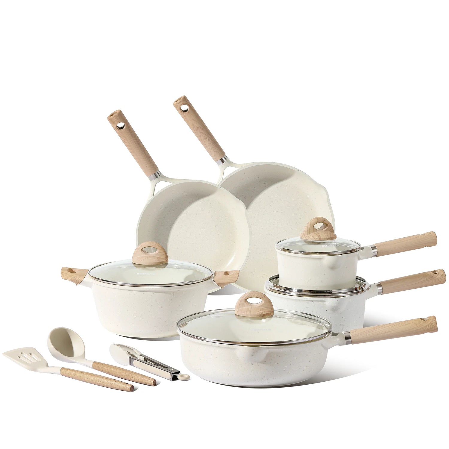 Set of ceramic cookware with wooden handles on a white background