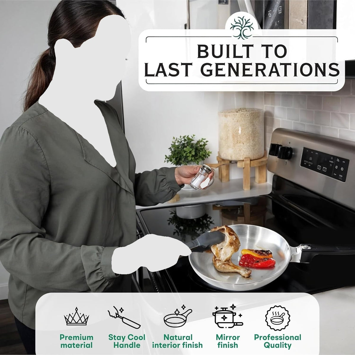 Person cooking in a kitchen with text 'Built to Last Generations' and product features listed.