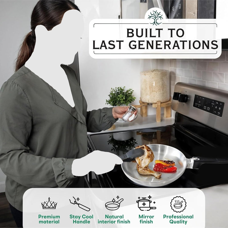 Person cooking in a kitchen with text 'Built to Last Generations' and product features listed.