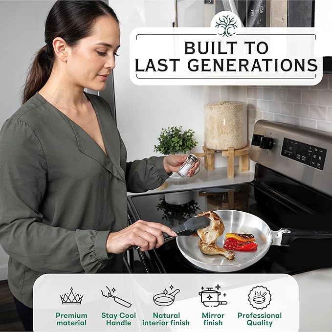 Woman cooking in a kitchen with text 'Built to Last Generations' and product features listed.