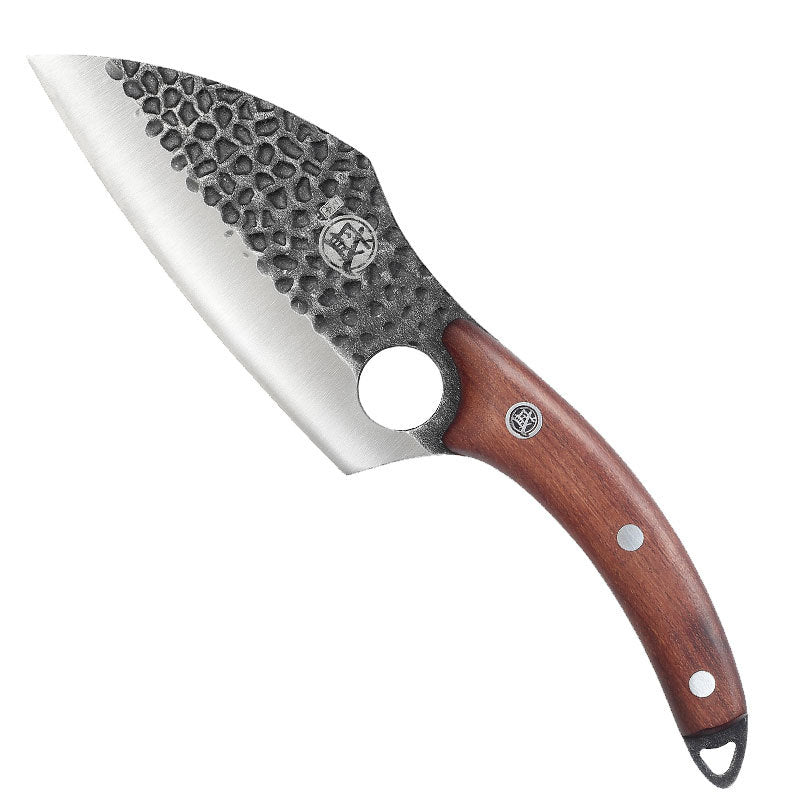Knife with a wooden handle and textured metal blade on a white background