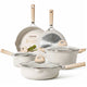 Set of stone cookware with wooden handles on a white background