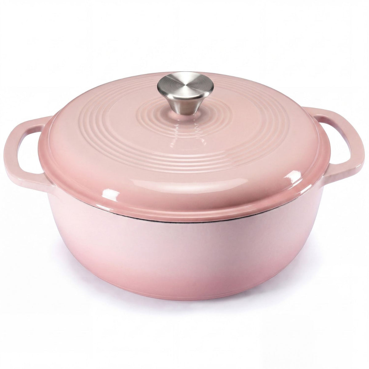 Pink enameled cast iron cookware pot with lid on a white background
