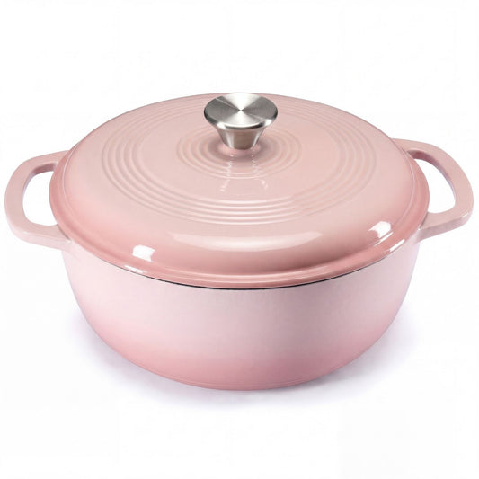Pink enameled cast iron cookware pot with lid on a white background