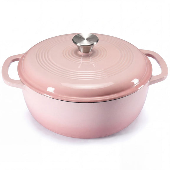 Pink enameled cast iron cookware pot with lid on a white background