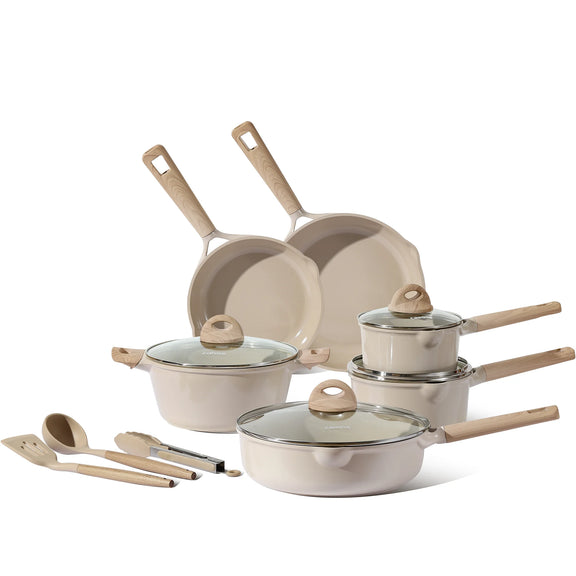 Set of cookware with beige and silver pots, pans, and lids on a white background
