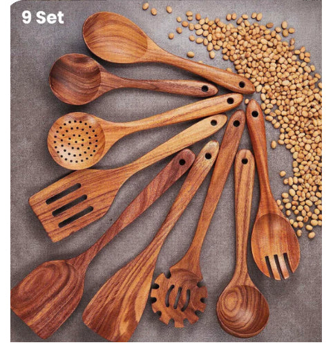Teak Natural Wood Ladle Turner Colander Soup Skimmer Tool Set
