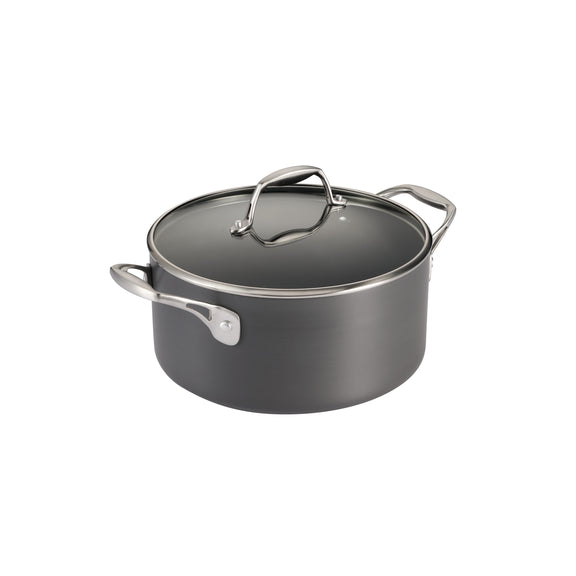 Gray cookware pot with lid on a white background
