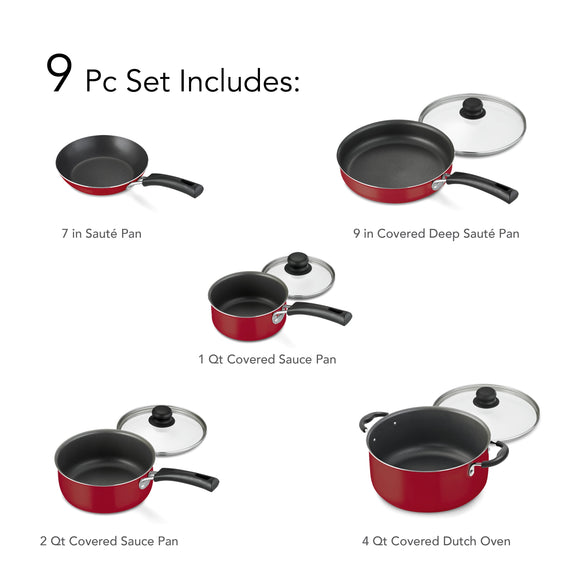 9-piece cookware set with red cookware and black handles on a white background