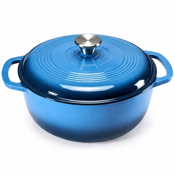 Blue enameled cast iron cookware pot with lid on a white background