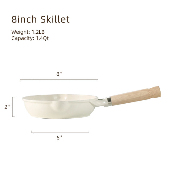 8-inch skillet with dimensions and weight/capacity information on a white background