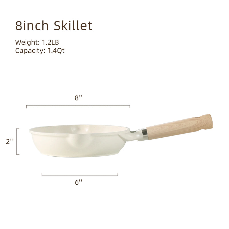 8-inch skillet with dimensions and weight/capacity information on a white background