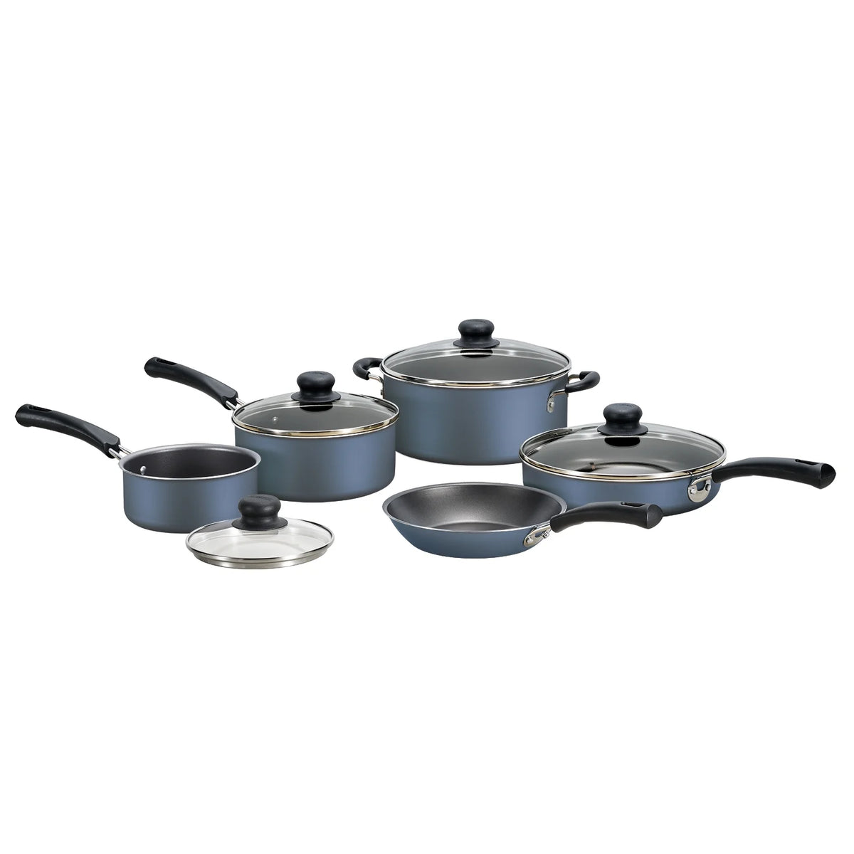 Set of blue cookware including pots and pans with lids on a white background