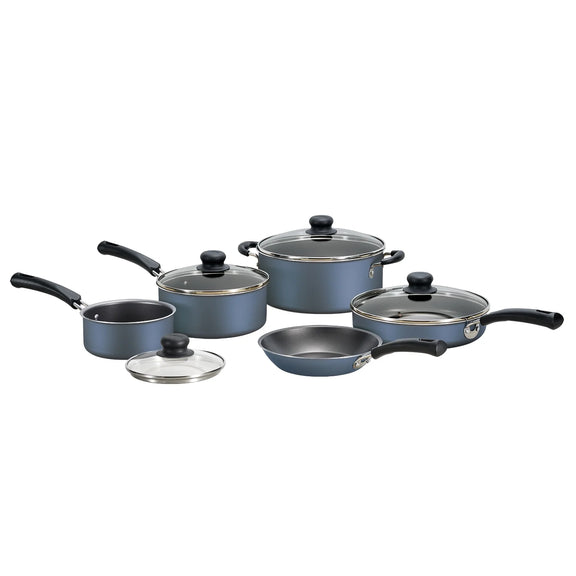 Set of blue cookware including pots and pans with lids on a white background
