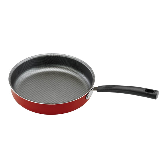 Red saute pan with black handle on white background