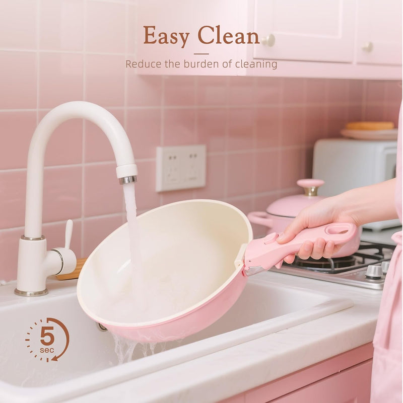 Astercook 21-Piece Non Stick Ceramic Pots and Pans Cookware Set with Detachable Handles in Pink