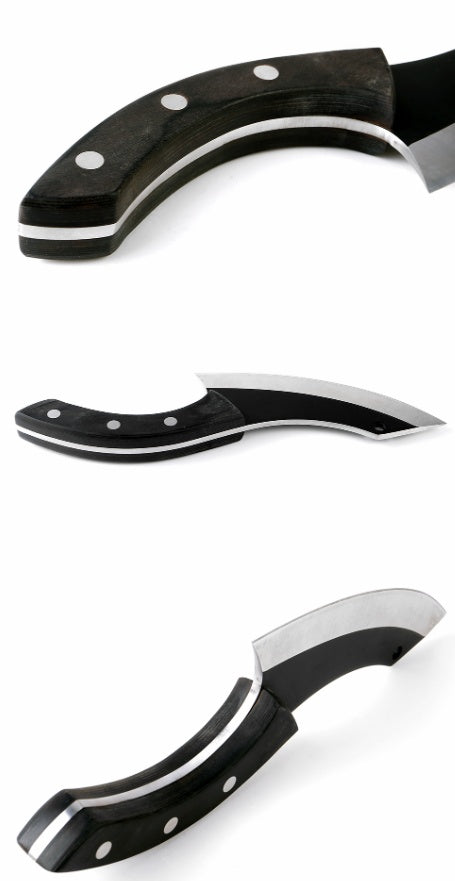 Three views of a black-handled knife on a white background