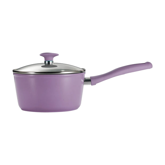 Purple saucepan with a lid on a white background