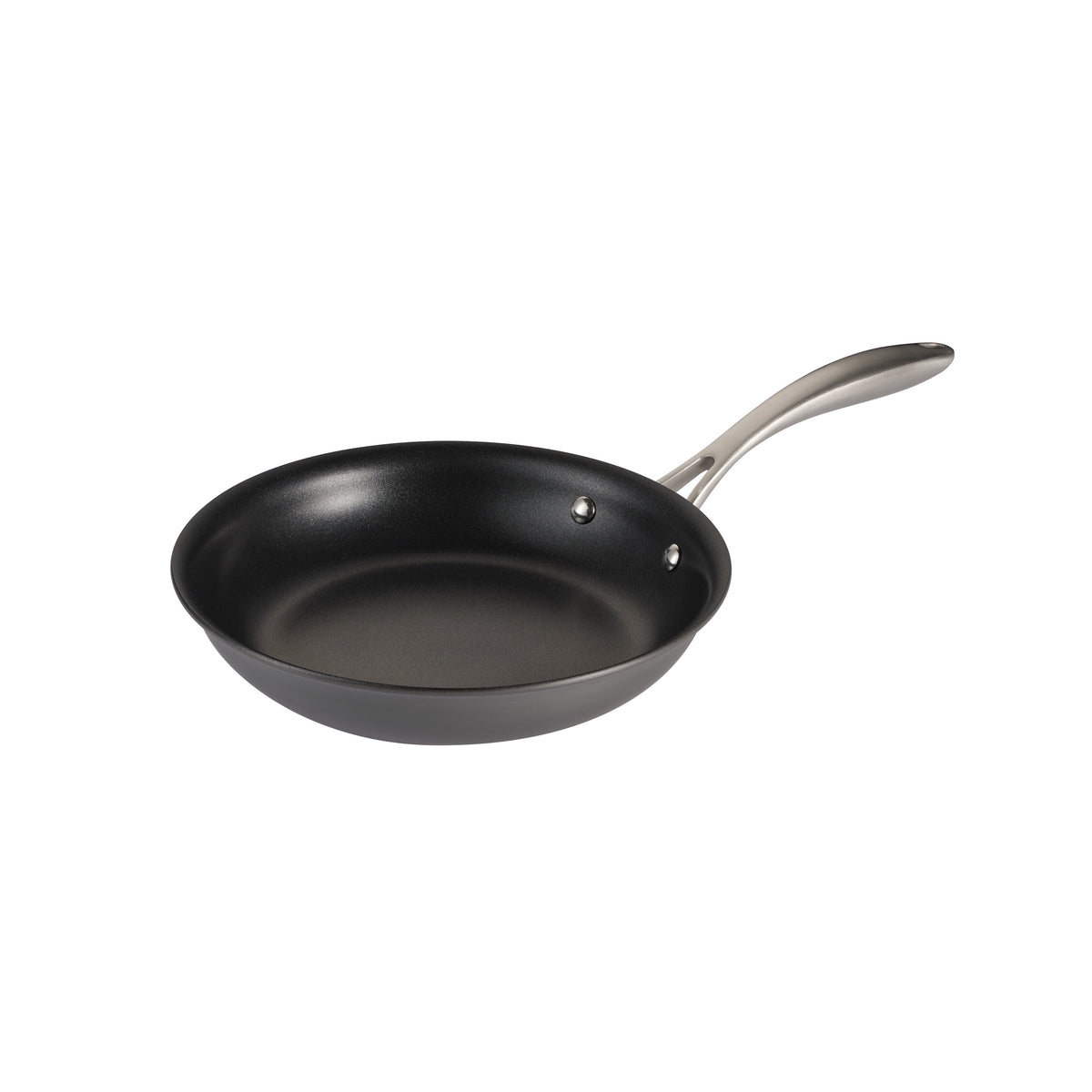 Black frying pan with a silver handle on a white background