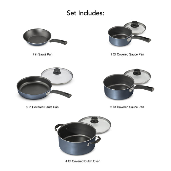 Set of blue cookware including sauté pans, sauce pans, and Dutch oven on a white background