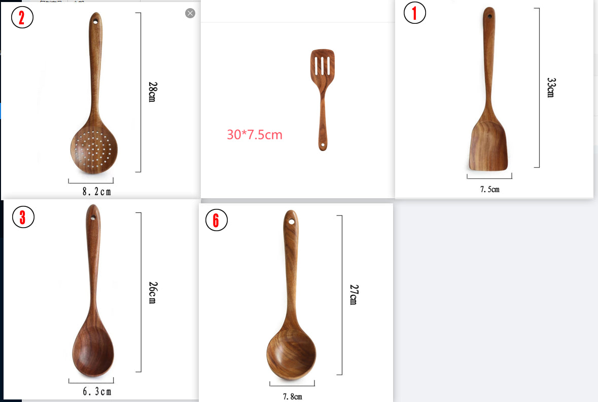 Teak Natural Wood Ladle Turner Colander Soup Skimmer Tool Set