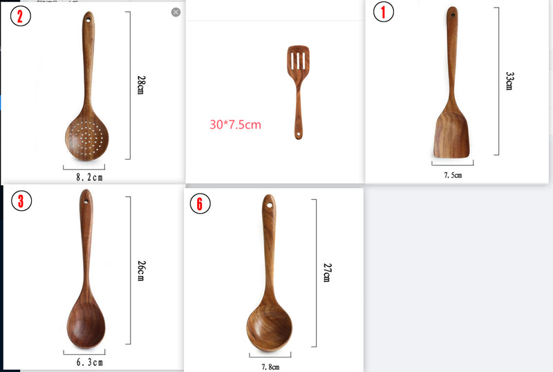 Teak Natural Wood Ladle Turner Colander Soup Skimmer Tool Set