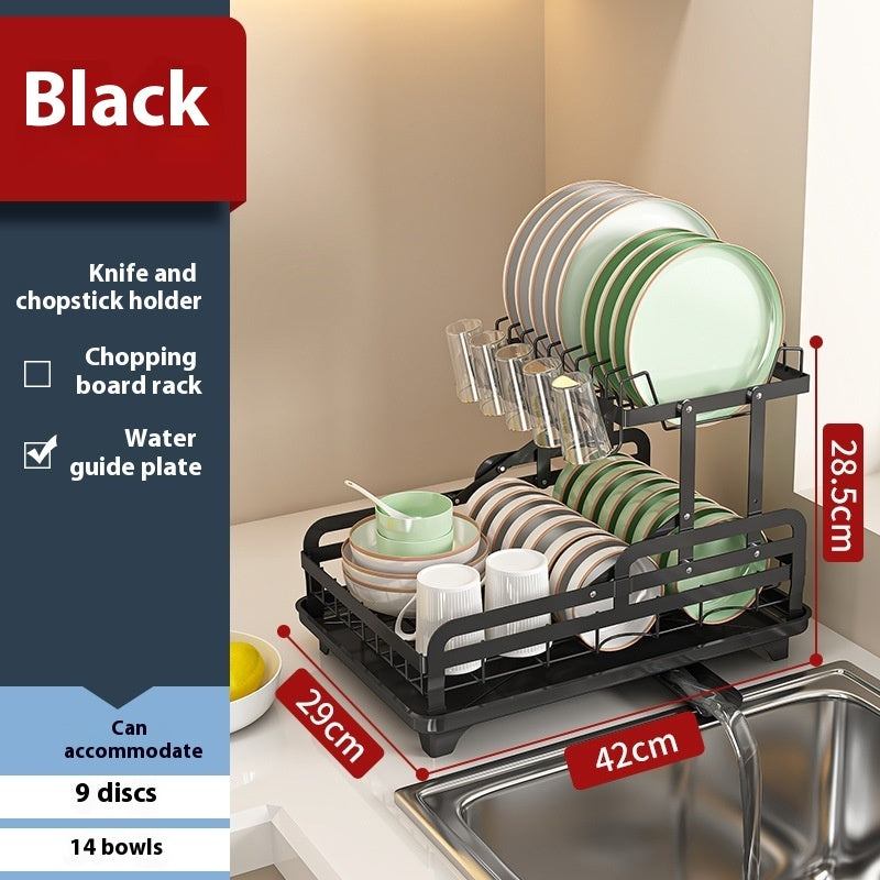Dish drying rack with measurements and features on a kitchen counter.