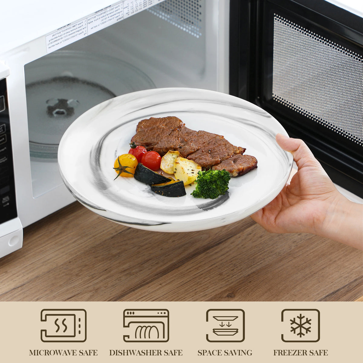 Person holding a plate with food in front of a microwave, with icons indicating safety features.