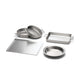 Set of stainless steel cookware on a white background