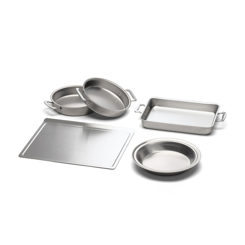 Set of stainless steel cookware on a white background
