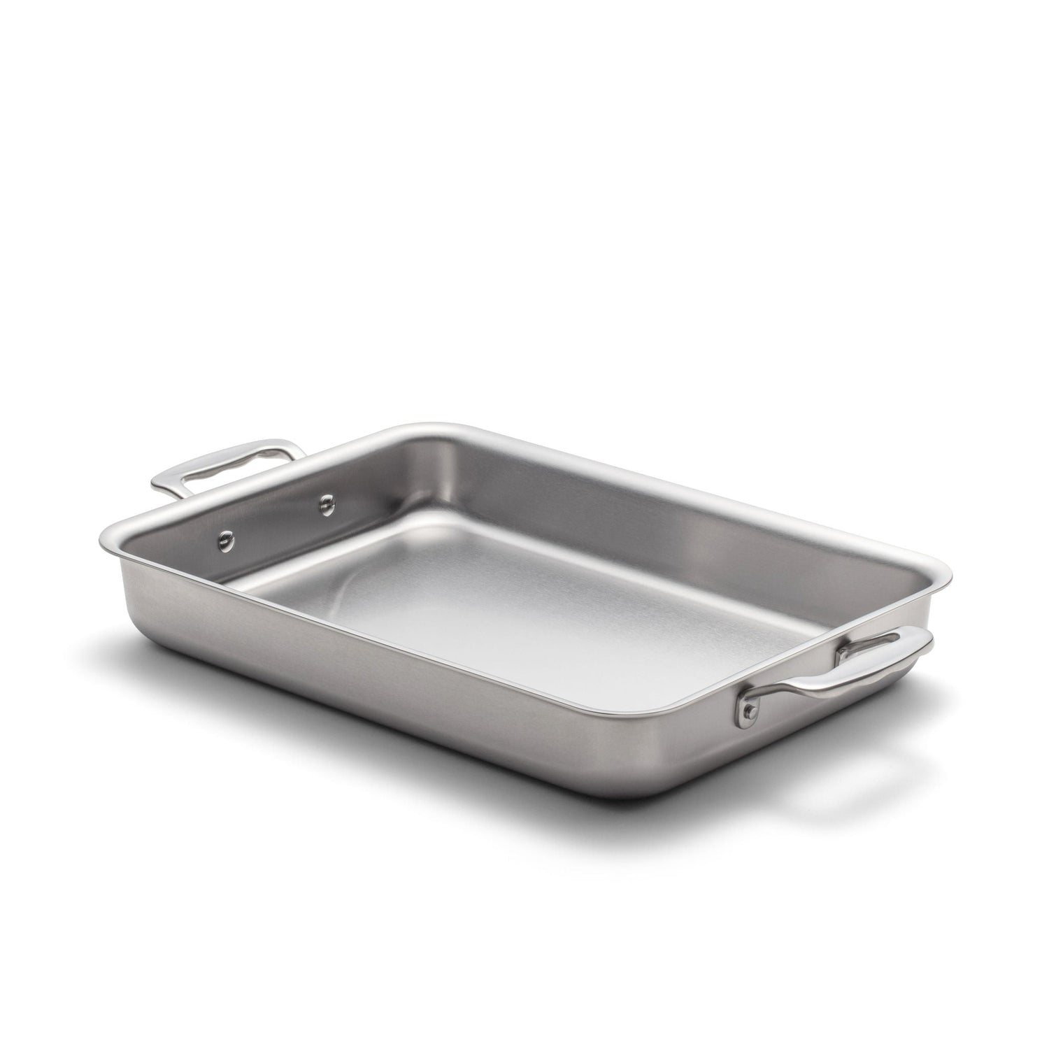 Stainless steel roasting pan on a white background
